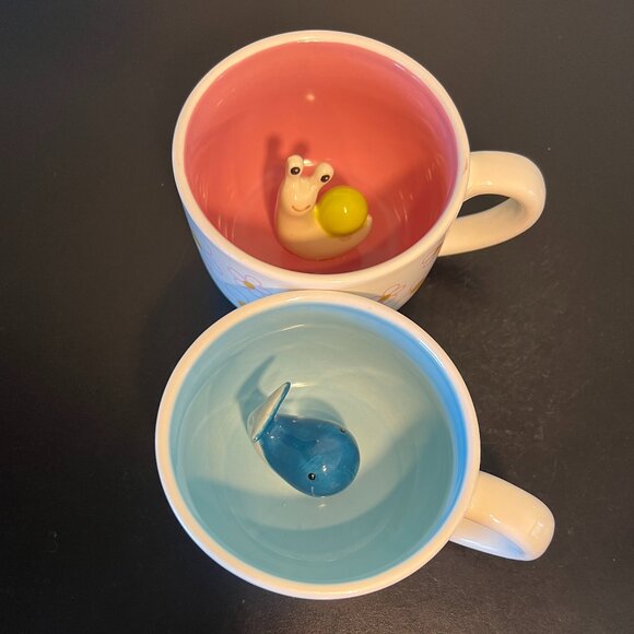 Pair of Surprise Wide-Mouth Ceramic Mugs w/ 3-D Peek-a-Boo Snail & Blue Whale - Picture 11 of 11